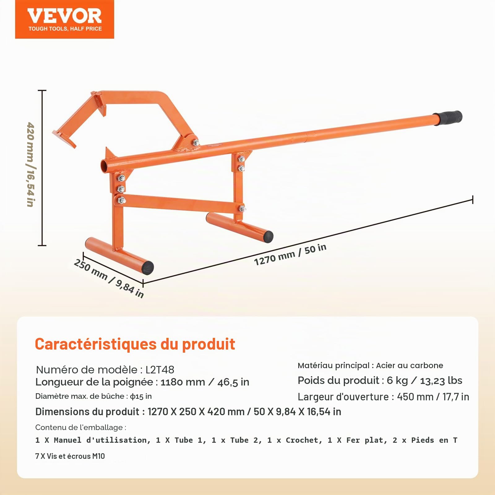 VEVOR Cric à bûches 1180 mm, lève-bûches de diamètre 38 cm, lève-Tronc d'arbre en Acier Robuste avec Crochet d'inclinaison réglable, Outil d'exploitation forestière, pour Rouler et serrer Les bûches