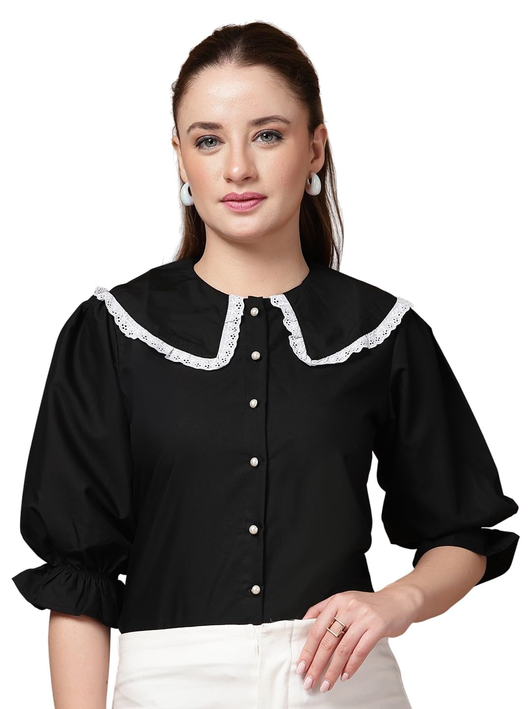 style quotient Women Solid Polycotton Black Shirt with Lace Insert-picture-13