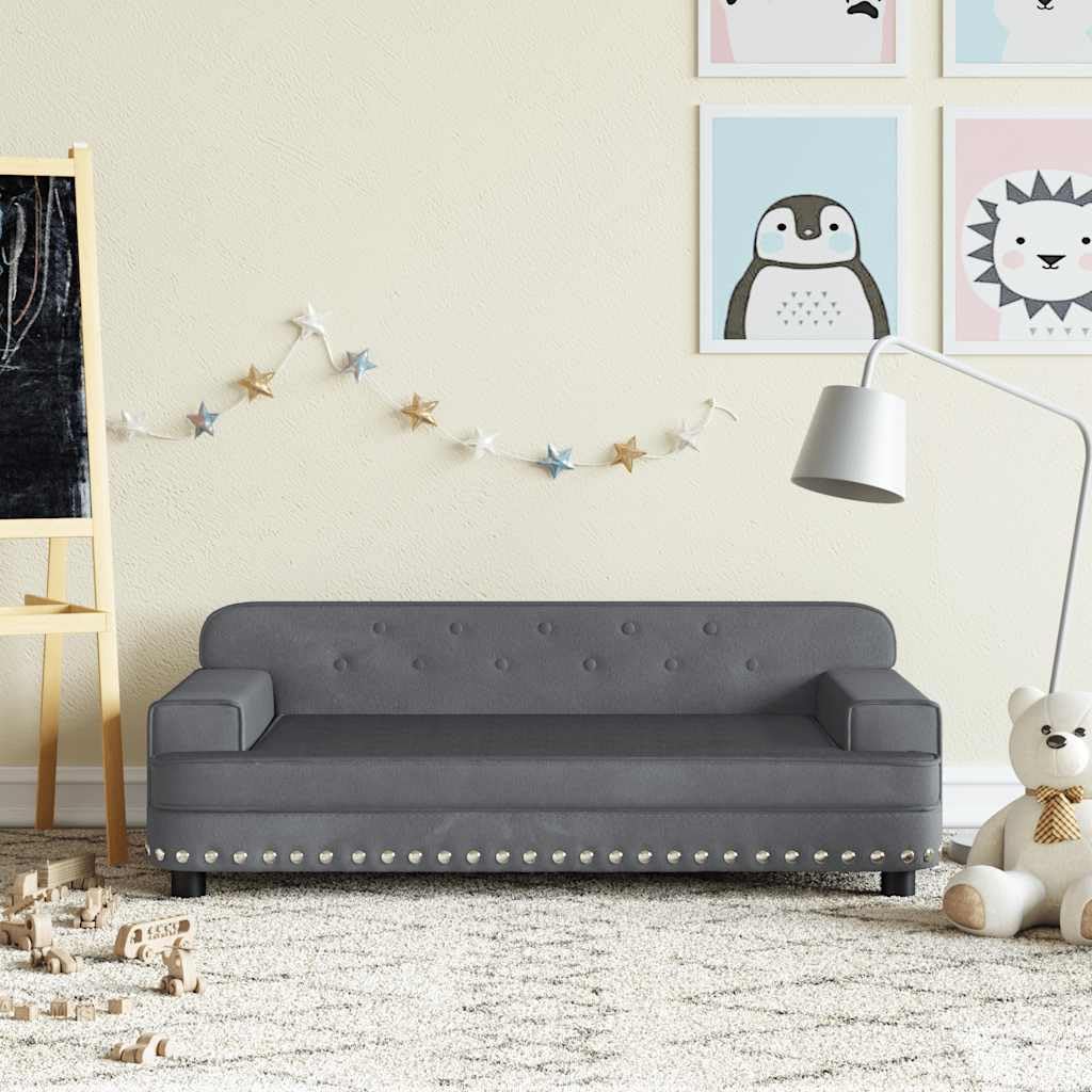Sofa dziecięca, ciemnoszara, aksamitna, do pokoju dziecięcego, 90 x 53 x 30 cm, lite drewno sosnowe, stabilne, wygodne siedzisko dla dzieci w wieku 3-6 lat, nowoczesna, kompaktowa, bezpieczna