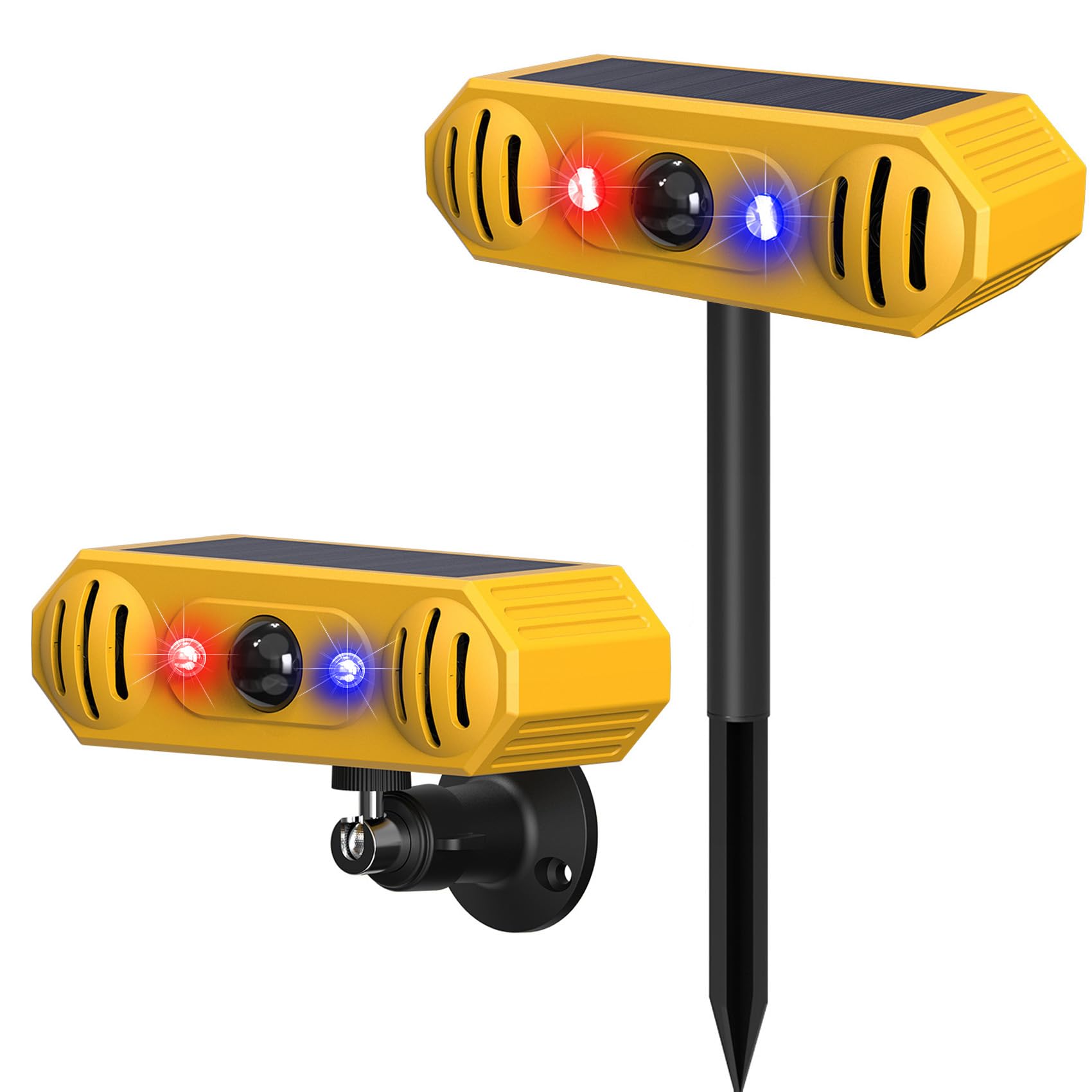 Lot de 2 détecteurs de mouvement solaires avec 13 sons, double haut-parleur KINGCOO 129 dB, bruits de tir, aboiements de chien, LED rouge et bleu, avertissement de sécurité, lumière stroboscopique
