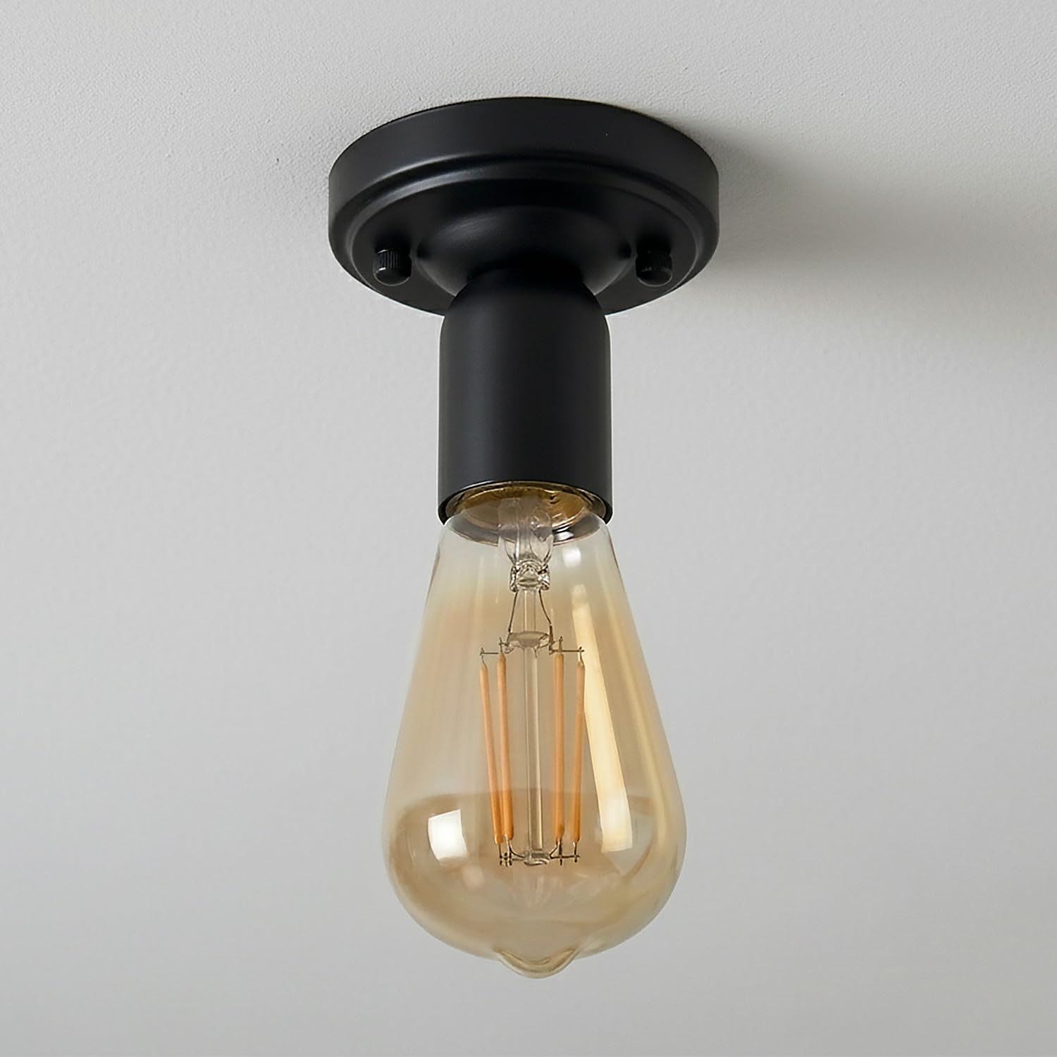LEDSone Industrial Metal-Semi Flush Mount E27 Base Lamp Holder Black Ceiling Light Fixture for Living Room Bedroom Kitchen Dining Room