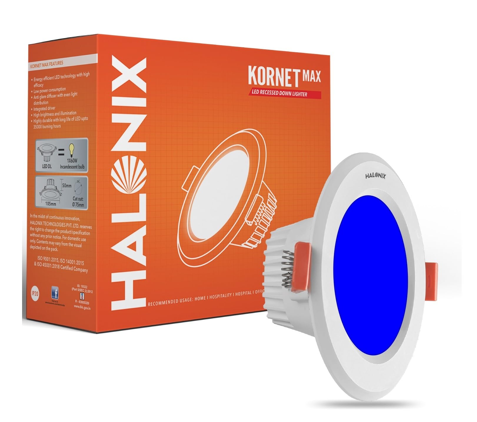 Halonix 5.5W Blue Kornet Junction box led downlighter | Cut out- 3 inch, Dia- 4.13, Height- 1.96 inch | | Downlighter for Home, Shop and Office |Pack of 1, Blue.