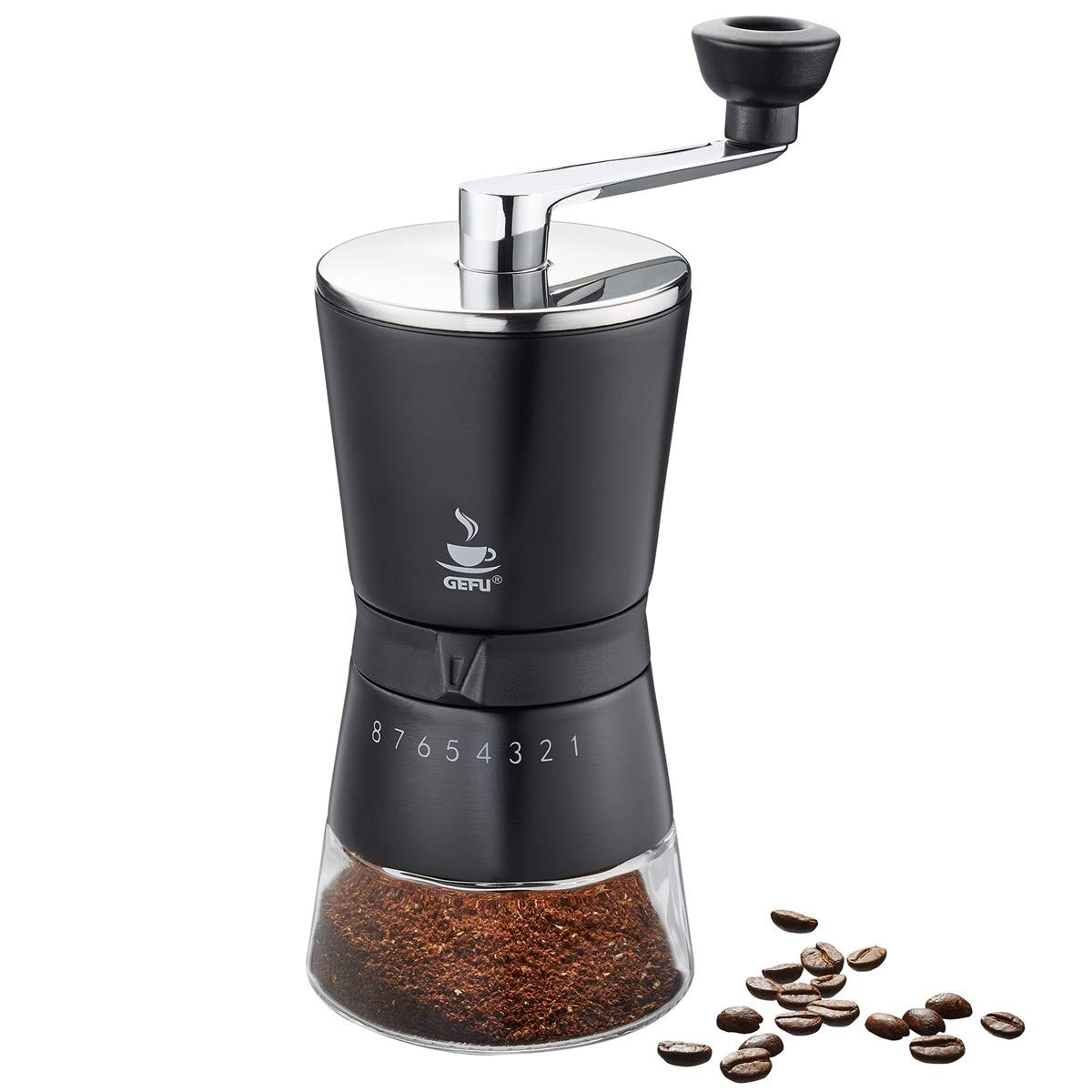 GEFU Kaffeemühle SANTIAGO manuell mit Edelstahlmahlwerk 8 Stufen für Espresso Filterkaffee French Press bis 10 Tassen