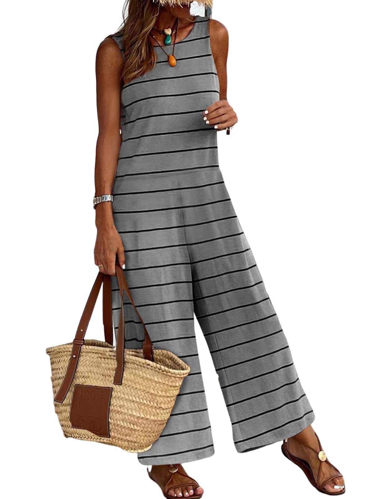 BLENCOTSleeveless Jumpsuits For Women Summer Wide Leg Striped Stretchy Casual Tank Long Romper Beach Baggy Overalls