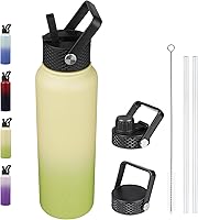 Vista 71 de BJPKPK - Botellas de agua aisladas con tapa con popote, botella grande de metal de 32 onzas con 3 tapas, termo reutilizable sin fugas y sin BPA