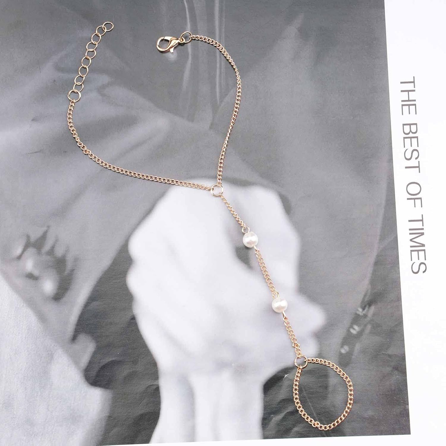 Gold Boho Pearl Finger Bracelet Chain Bracelet Vintage Ring Wrist Bracelets Wedding Pearl Ring Hand Chain Jewelry for Women - Image 3