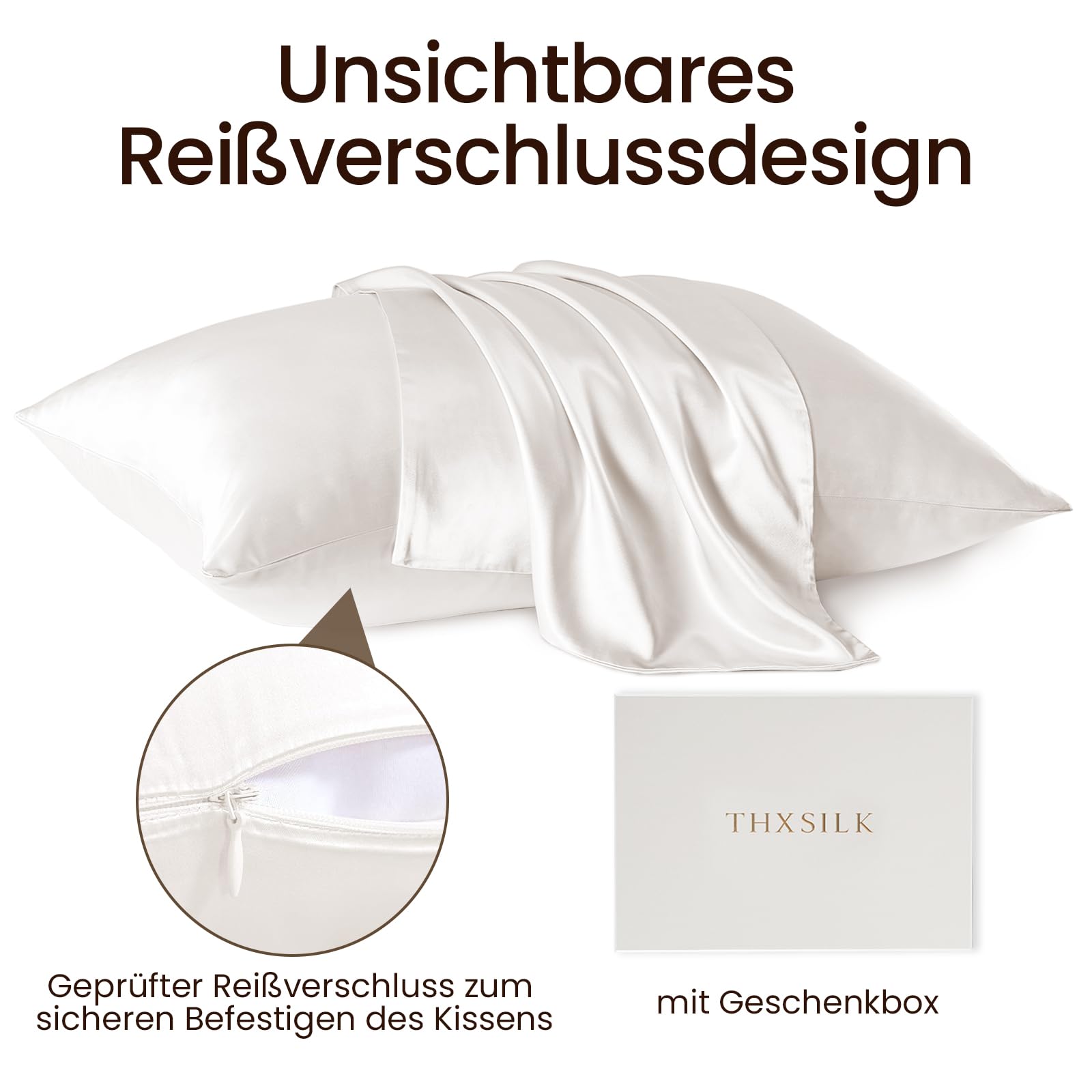 THXSILK Funda de almohada de seda de 25 Momme para cabello y piel, funda de almohada de seda de morera, hipoalergénica con cremallera oculta, seda pura en ambos lados, (blanco, 40 x 80 cm)