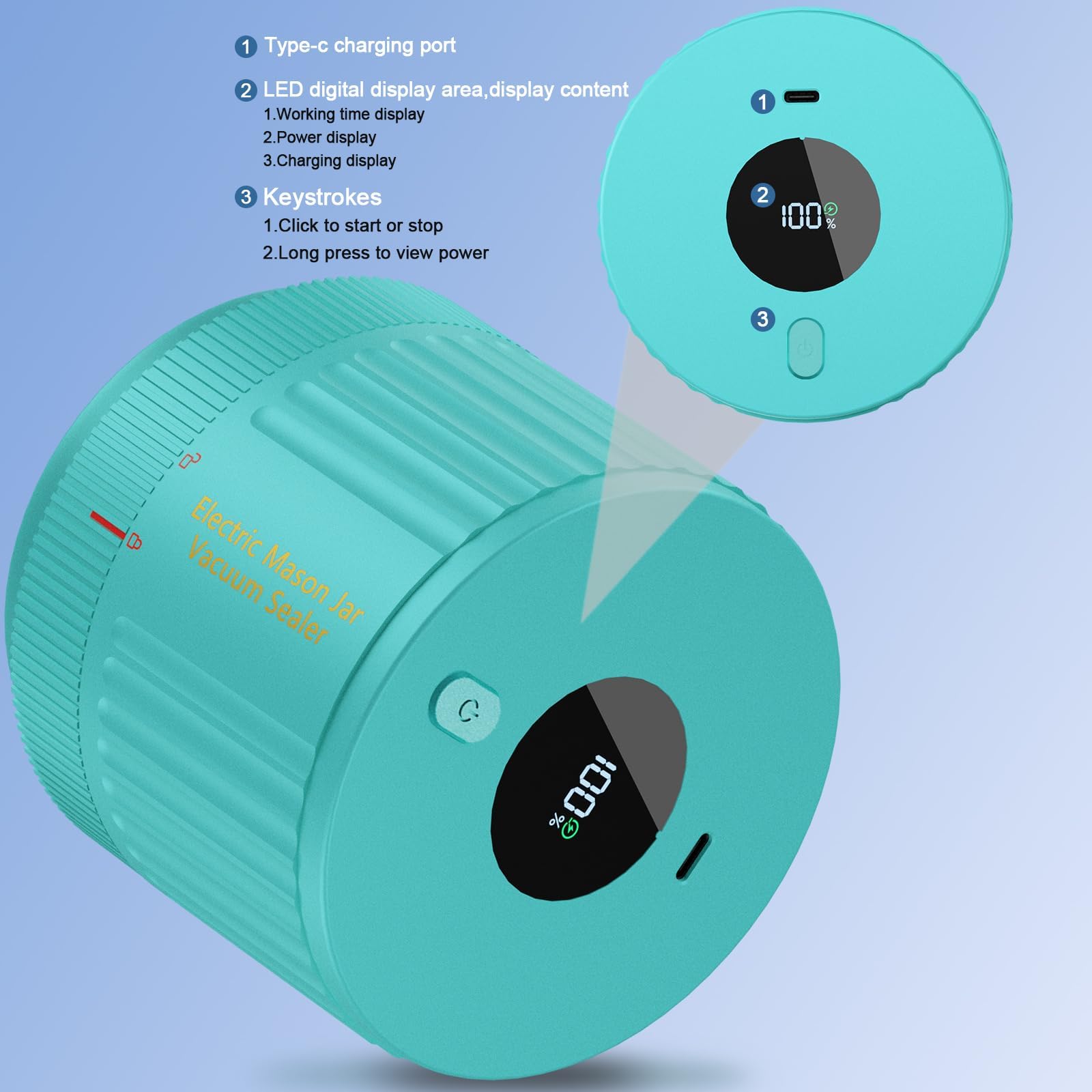 Electric Mason Jar Vacuum Sealer Kit for Wide Mouth and Regular Mouth Mason Jar - Green