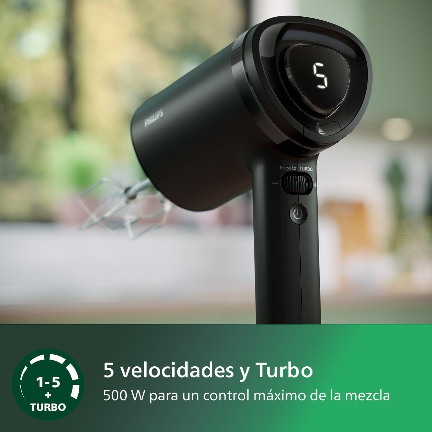Philips 5000 Batidora de Mano 3 en 1, 500 W, 5 Velocidades, Negro | Batidora eléctrica 3 en 1 con picadora, 500 W, 5 velocidades, antisalpicaduras, almacenamiento inteligente (HR3781/20)