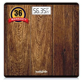 Healthgenie Weight Machine for Body Weight Thick Tempered Glass & LCD Display Weighing scale With 3 Years Warranty (Rich Wood)