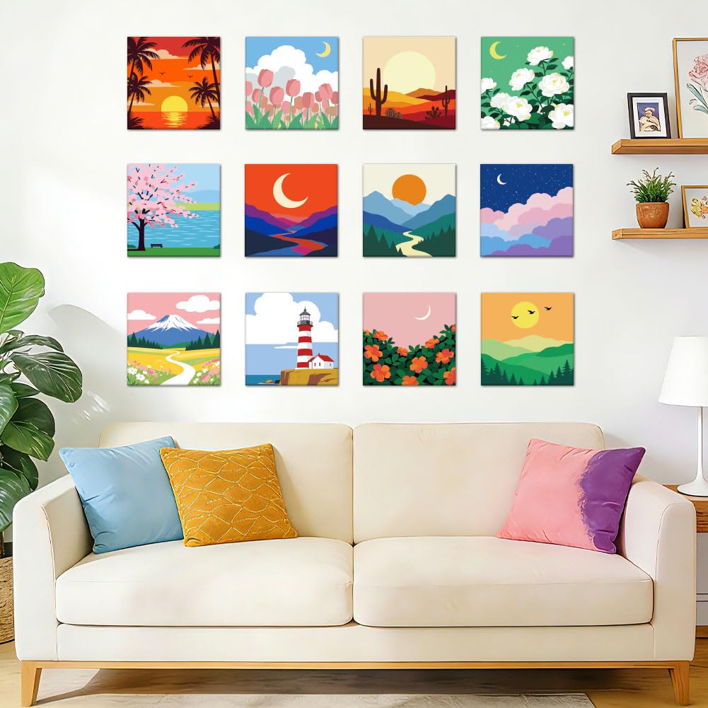 twinklemon Set di 12 dipinti per numero su tela per adulti con cornice, kit di pittura con numeri su tela, composto da 10 colori di pigmenti e pennelli per principianti, 20 x 20 cm