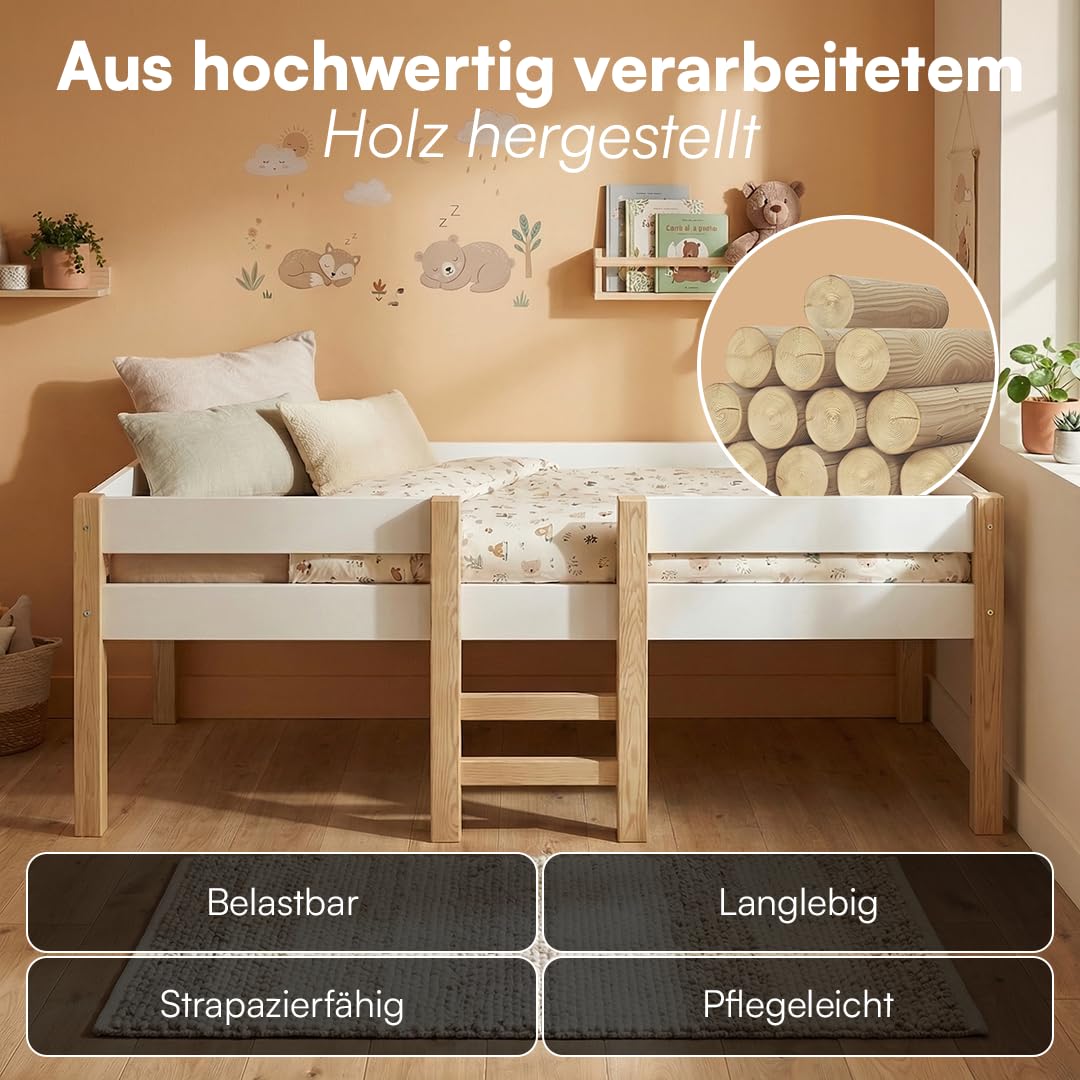 Bellabino Aspy Kinderbett 90x200 cm – Hochbett mit Rausfallschutz & Lattenrost – Halbhochbett mit Leiter aus Kiefer Massivholz in Weiß/Natur – Jugendbett für Jungen und Mädchen