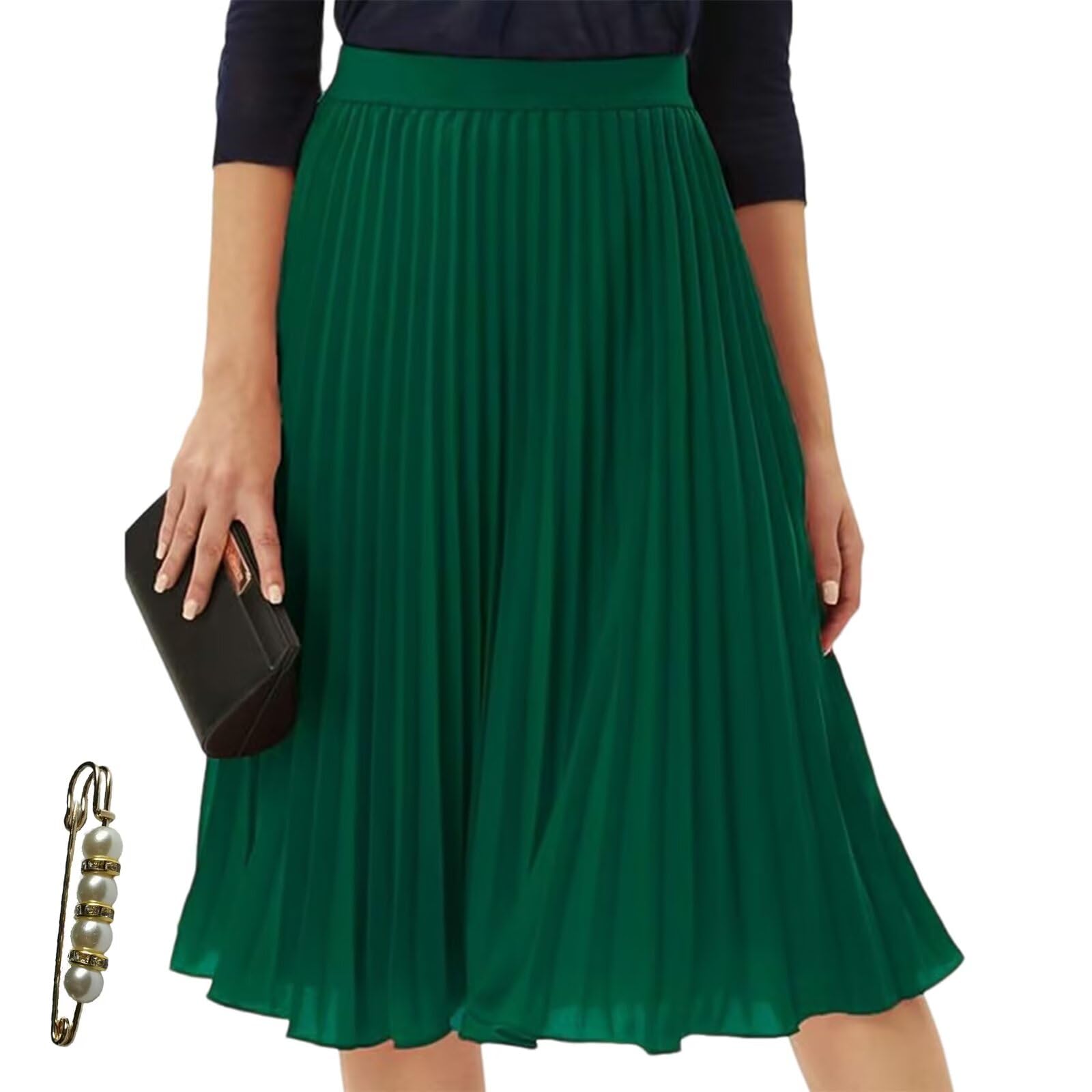 Womens Skirts High Waist Elastic Pleated Chiffon Midi A Line Skirt