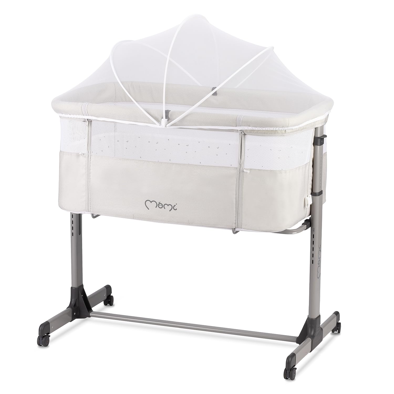 Momi REVO Cuna Multifuncional Ajustable en 6 Posiciones de Altura de 72 a 82 cm, con Ruedas, colchón Incluido, Correas de fijación, mosquitera y Barra de Juguetes