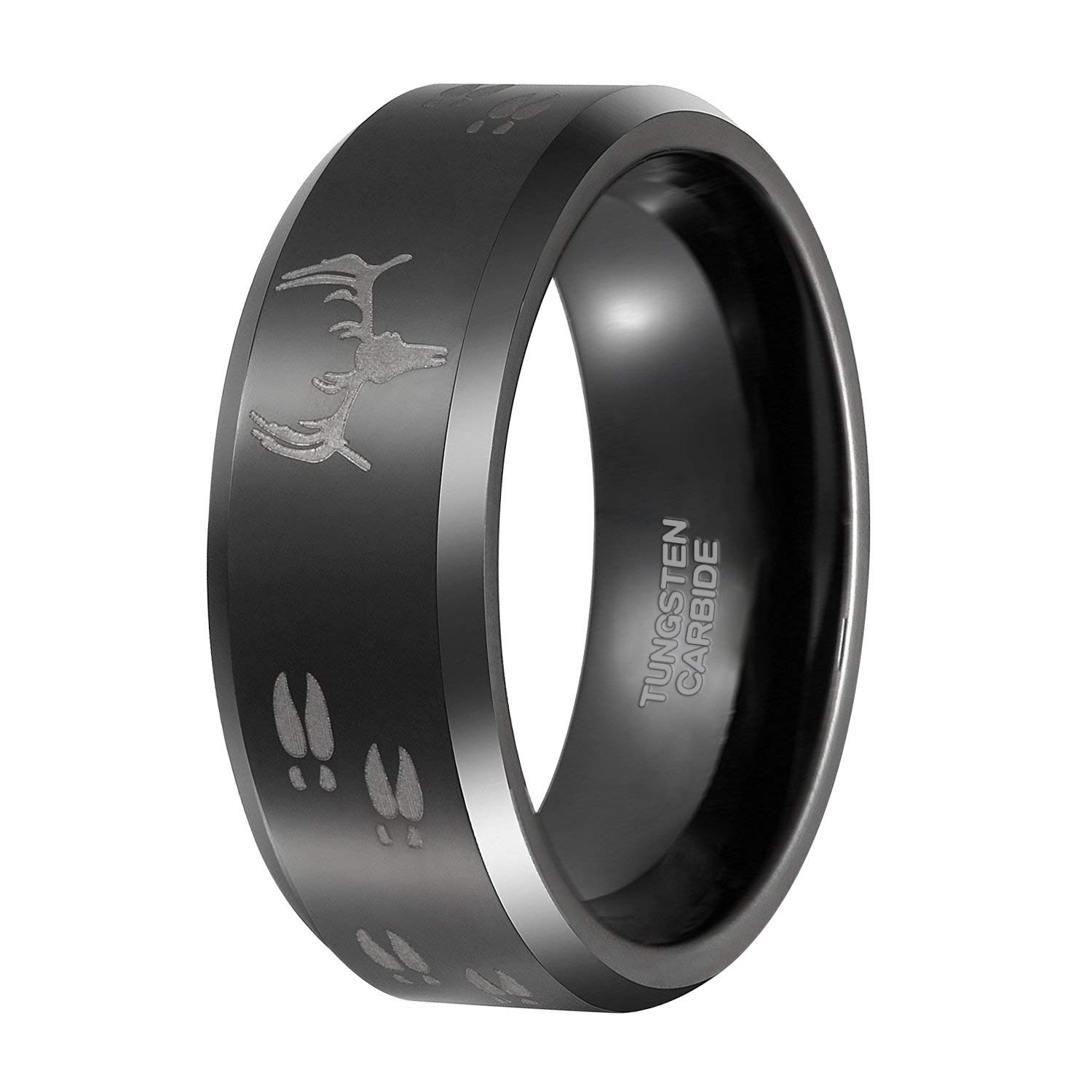 8mm Black Etched Deer Head Tungsten Carbide Wedding Band Men's Hunting Ring Size 6-15