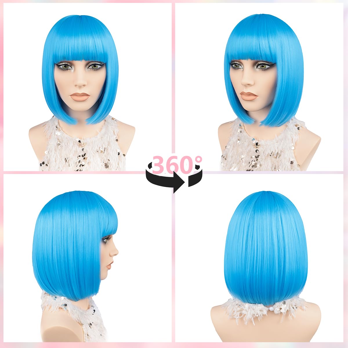 JIAMEISI Blue Bob Wig with Bangs 12Inch Straight Short Bob Hair Synthetic Fiber Cosplay Party Colourful Wig for Women Girls Christmas Halloween Fashion Looking (Light Blue) - Image 4
