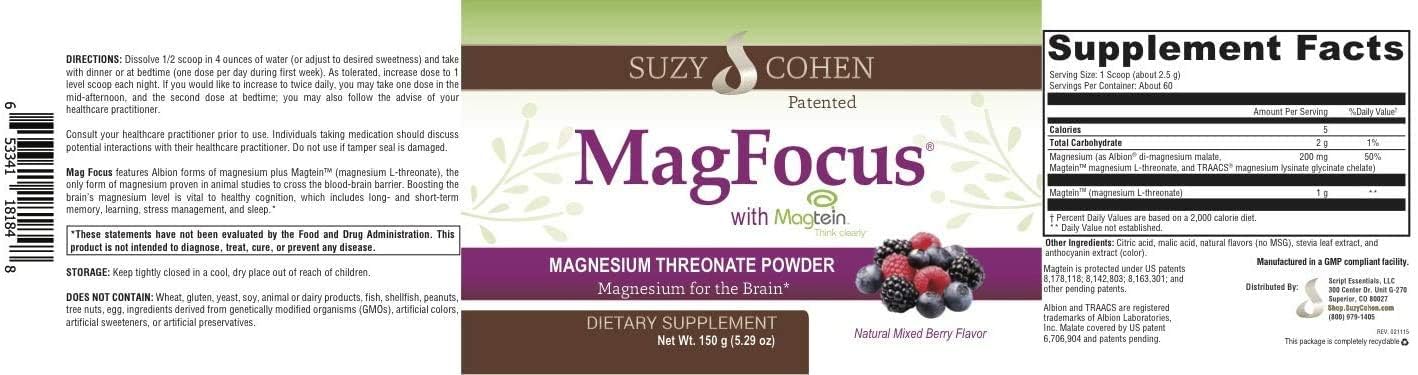Suzy Cohen MagFocus Magnesium Threonate Powder Supplement 200mg, Healthy Nerve, Cognition, Energy, Bone Health, Stevia, Berry Flavor
