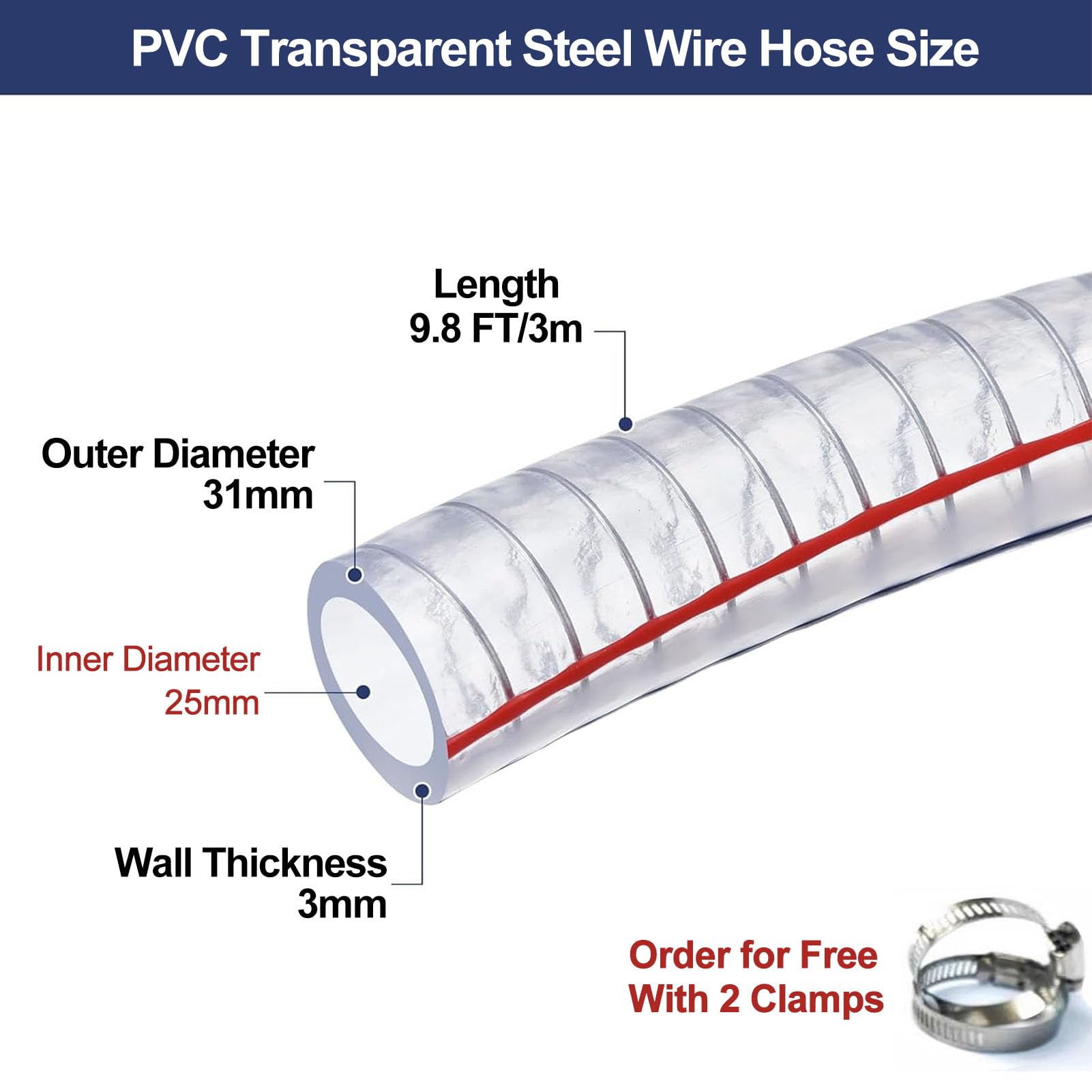 PVC-Stahldraht-verstärkter Schlauch, Wandstärke 3 mm, Länge 3 m, Innendurchmesser 25 mm/28 mm(Inner Diameter 25mm)