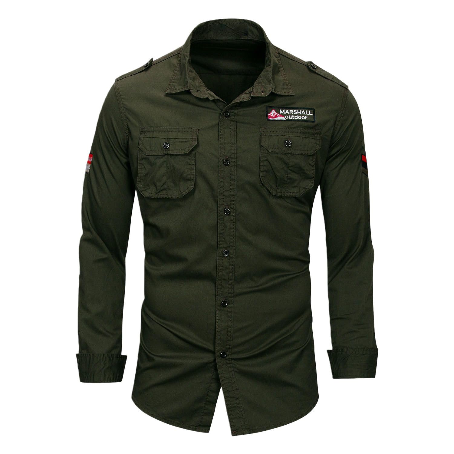 Camicia da uomo in cotone a maniche lunghe con taschino stile militare