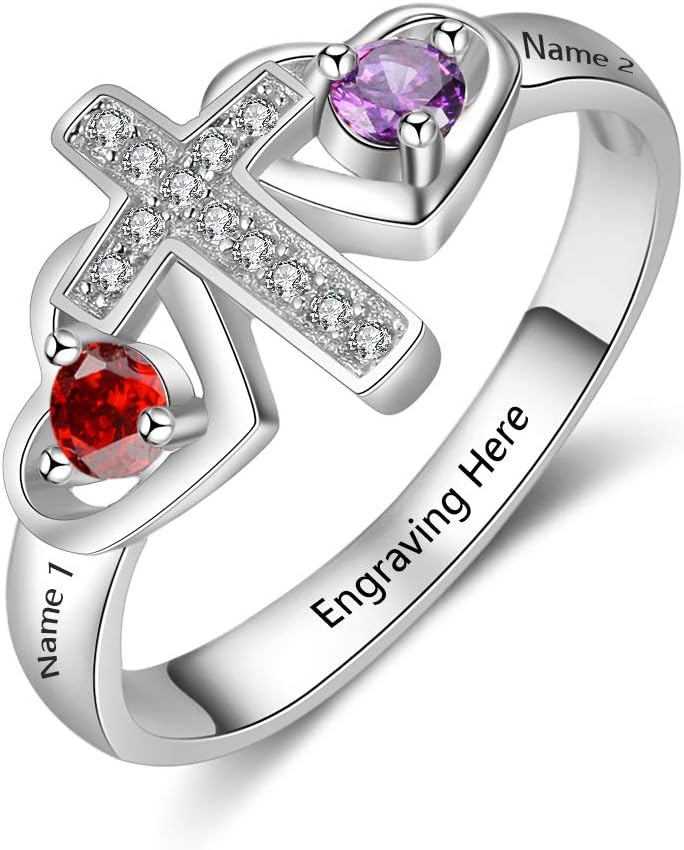 Lovejewelry Personalized Cross Rings for Women with 2 Simulated Birthstones Meaningful Mother Daughter Name Promise Rings Mothers Day Rings for Mom Grandma (8)