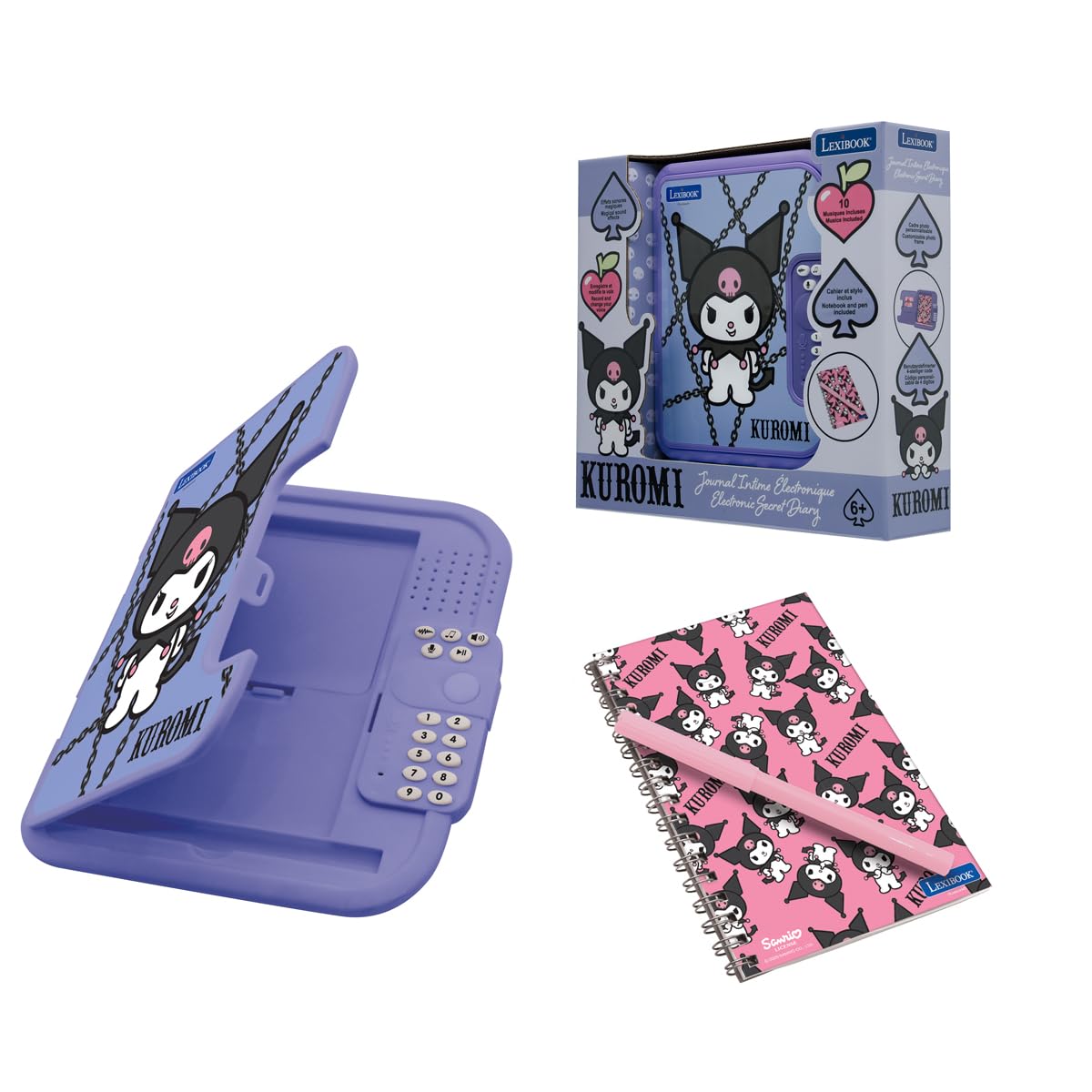 Lexibook, Kuromi, Diario Segreto Elettronico con Cassaforte, Blocco con Password a 4 Cifre, Registratore Vocale e Cambia Voce, Cornice per Foto, Penna Inclusa, Taccuino Ricaricabile, Viola, SD50HK1LXB