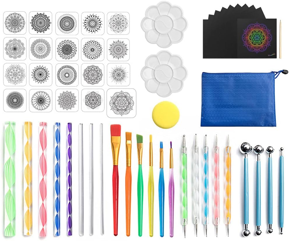 SIPLIV Mandala Dotting Tools Set Mandala Stencil Ball Stylus Brush Acrylic Rod Paint Tray Set for Rocks Fabric Wall Nail Art Painting Coloring Drawing Drafting - 57 PCS