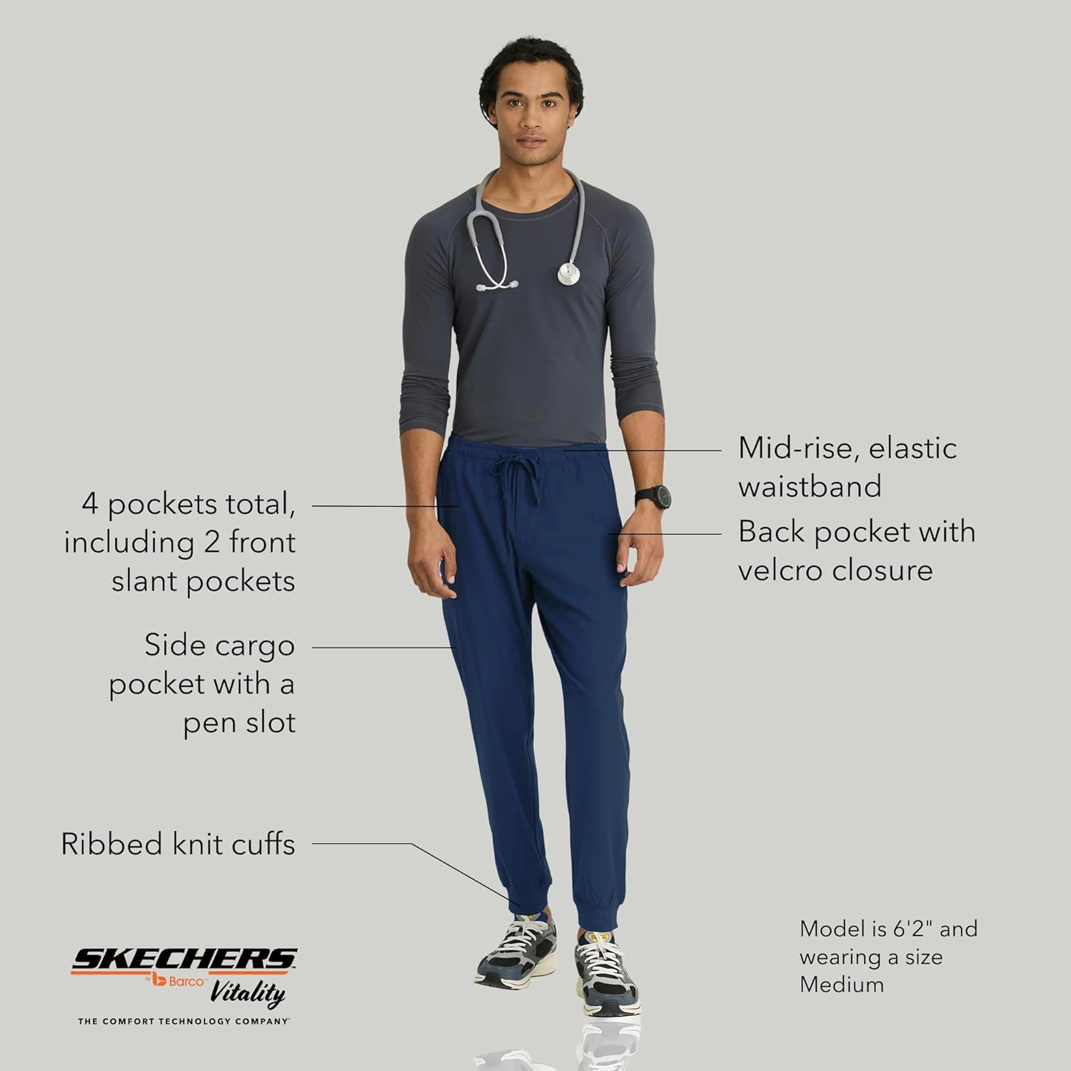 BARCO Skechers Vitality Crew Scrub Jogger for Men - Medical Cargo Pant, 4-Way Stretch, Sustainable Fabric Men's Scrub Pant