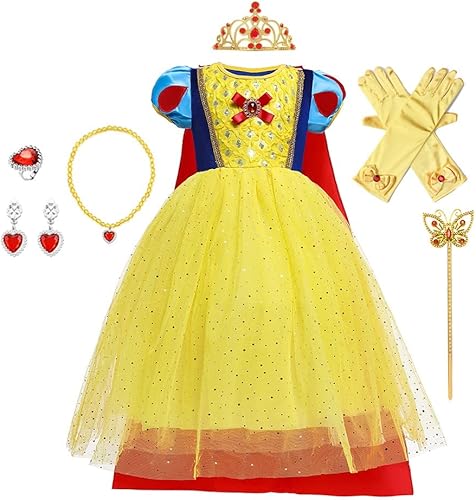 CinheyU Vestido de cumpleaños de princesa para niñas, disfraz de blanco nieve para Halloween, Navidad, disfraces de fiesta de cosplay con accesorios