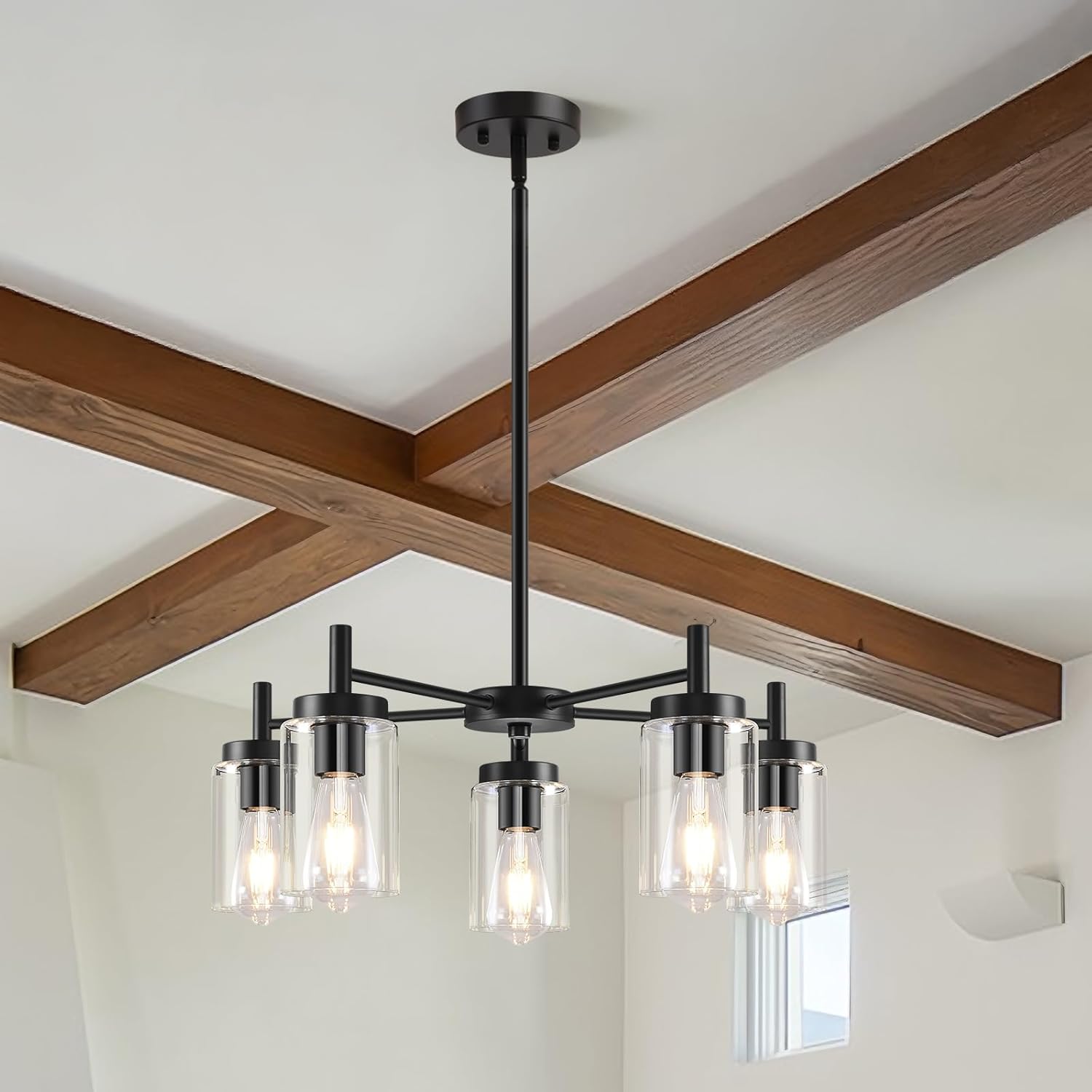 5 Lights Black Modern Farmhouse Chandelier for Dining Room with Glass Shade, Pre-Wired Height Adjustable Pendant Light Ceiling Lighting Fixture for Dining Living Room Bedroom Kitchen Foyer