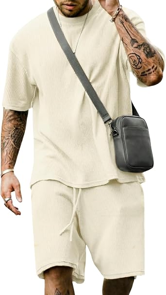 Yimoon Mens 2 Piece Outfits Oversized Summer Shorts Set | Short Sleeve, Crewneck T Shirt, Waffle Shorts Set, Mens Sweatsuit, Athletic Jogging Suits, Summer Tracksuits