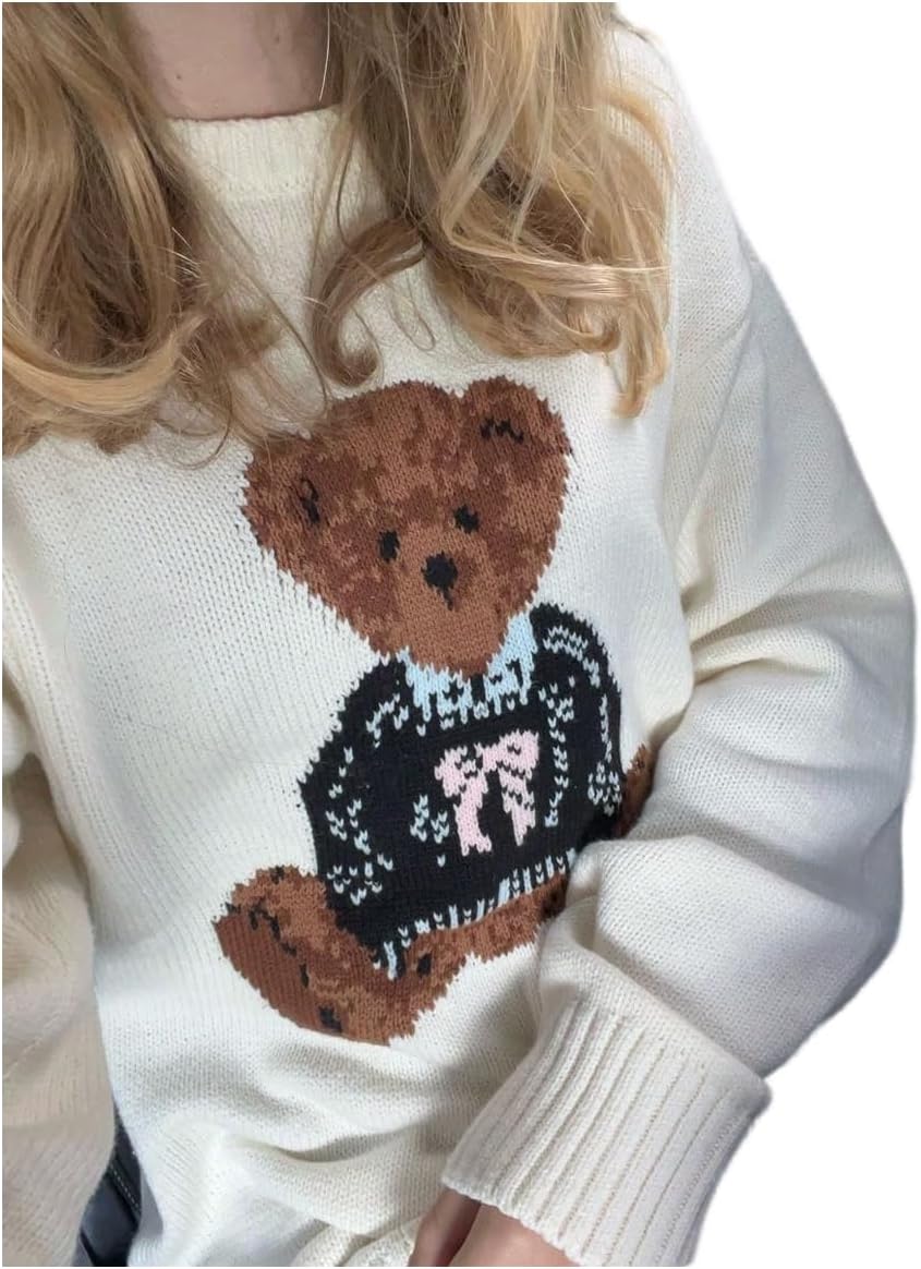Floerns Women's Cute Bear Long Sleeve Fall Sweater Winter Cartoon Crewneck Knit Tops - Image 3