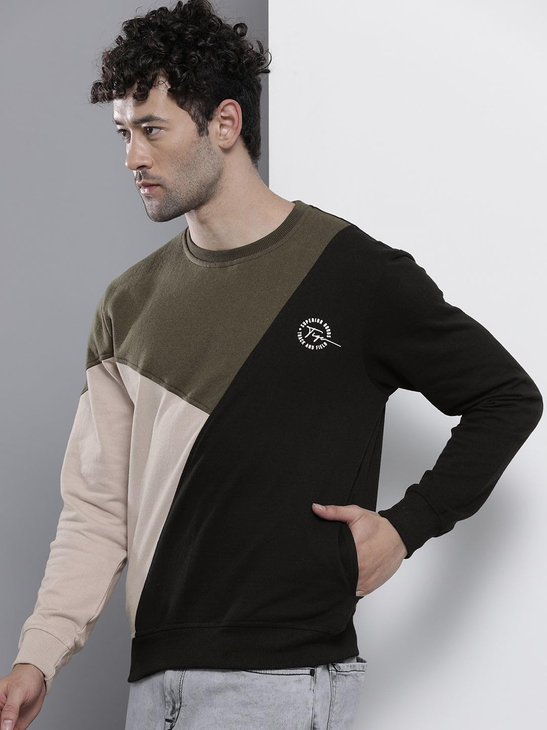 The Indian Garage Co Męska bluza z okrągłym dekoltem w blokach kolorów, regularny krój