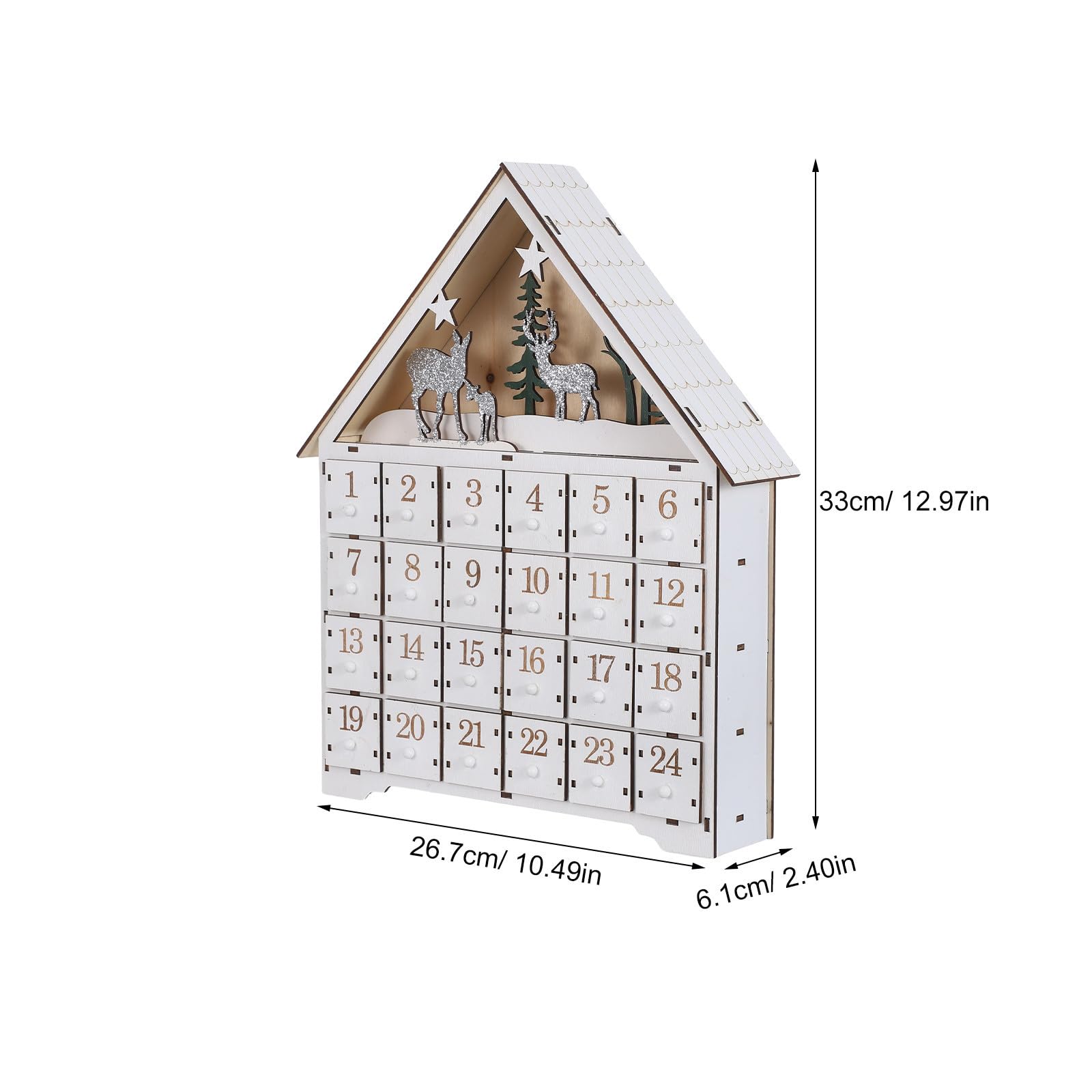 Baluue Calendario Natalizio in Legno con Luci LED a Forma di Casetta con 24 Cassetti per Conto alla Rovescia al Natale, Decorazione Festiva Beige per Serate Tranquille e Riunioni