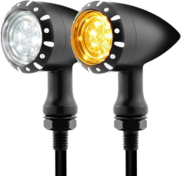 Bullet Style Motorcycle LED Turn Signals, Front Driving Light & Amber Indicator, Zinc Alloy Housing, M10 Mount Universal Fit for Cruiser Bobber Chopper Cafe Racer Black-Front