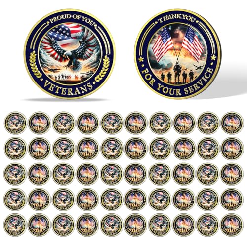 Value Valor Vow 50Pcs Military Challenge Coins Set - Proud of You Veterans Coin Thank You for Your Service Medallions Military Appreciation Gifts for Men Women Army Soldiers Veterans Day Gifts