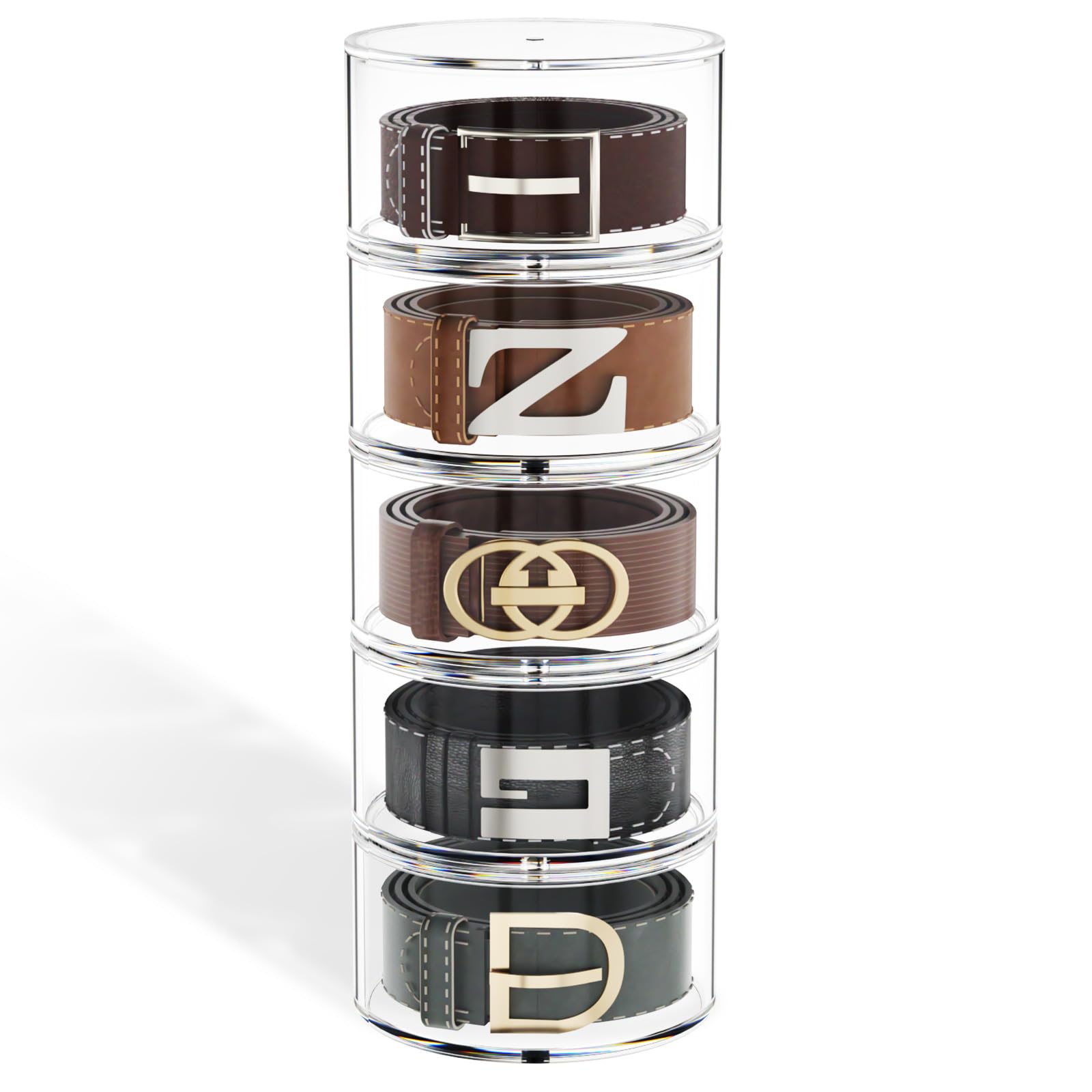 FEMELI Belt Organizer, Acrylic Belt Storage Holder for Closet & Drawer, 5-Layer Stackable Display Case for Belts, Watches, Jewelry and Ties