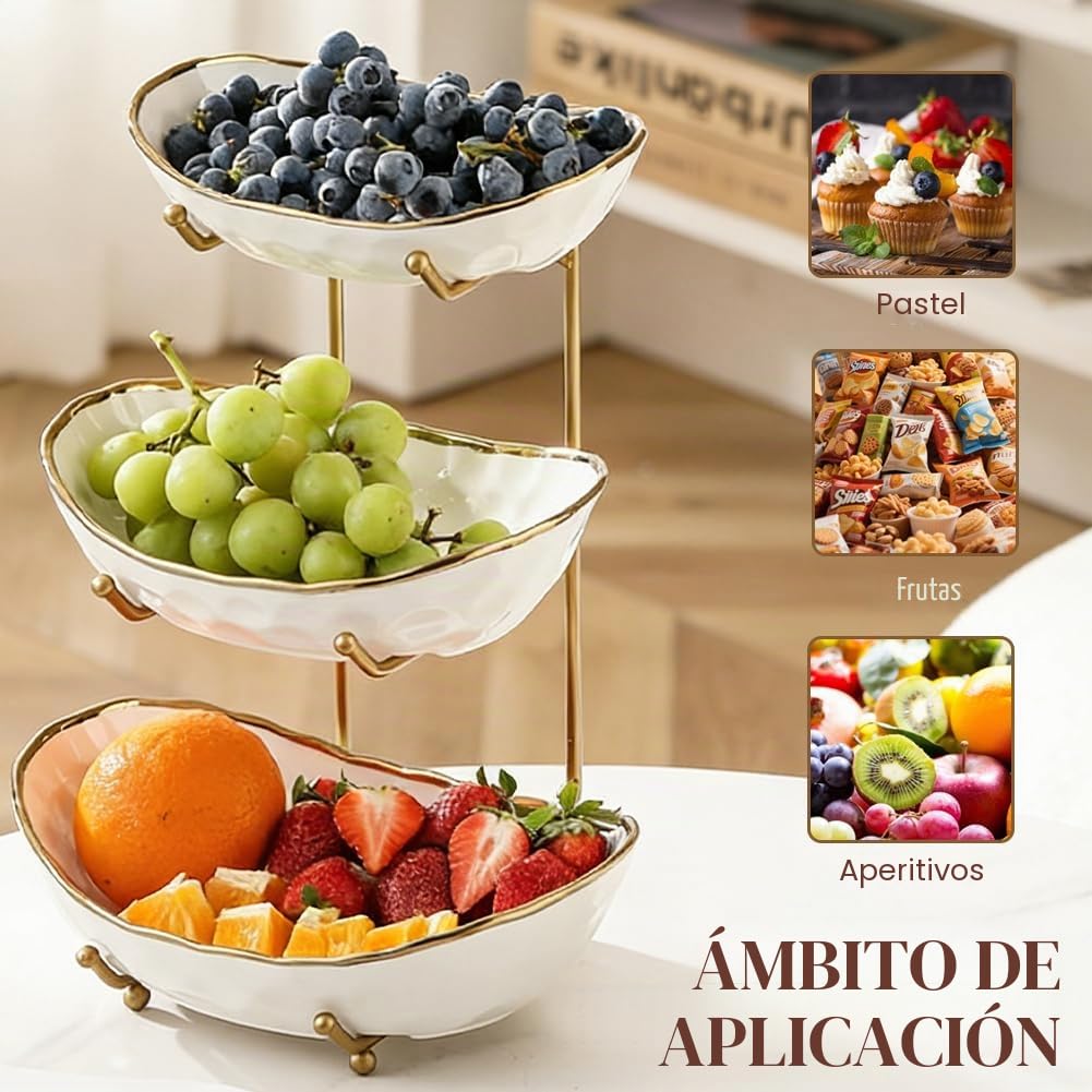 Frutero de cerámica de 3 capas con estructura de metal, soporte elegante para servir frutas, verduras y aperitivos, cuenco decorativo para cocina y salón (tres capas blancas)