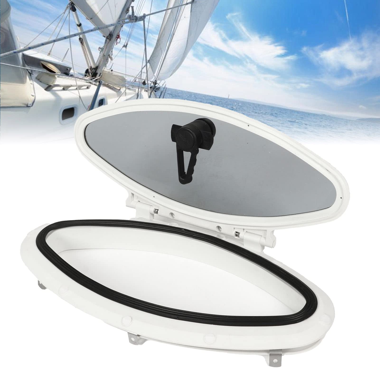 Tbest Portillo de Apertura Ovalada, Orificio para Puerto de Barco, Ventana de Ojo de Buey para Yate, 18,5 X 8,3 Pulgadas, Apertura de 0 a 180 Grados, Impermeable, Sellado con Manija de