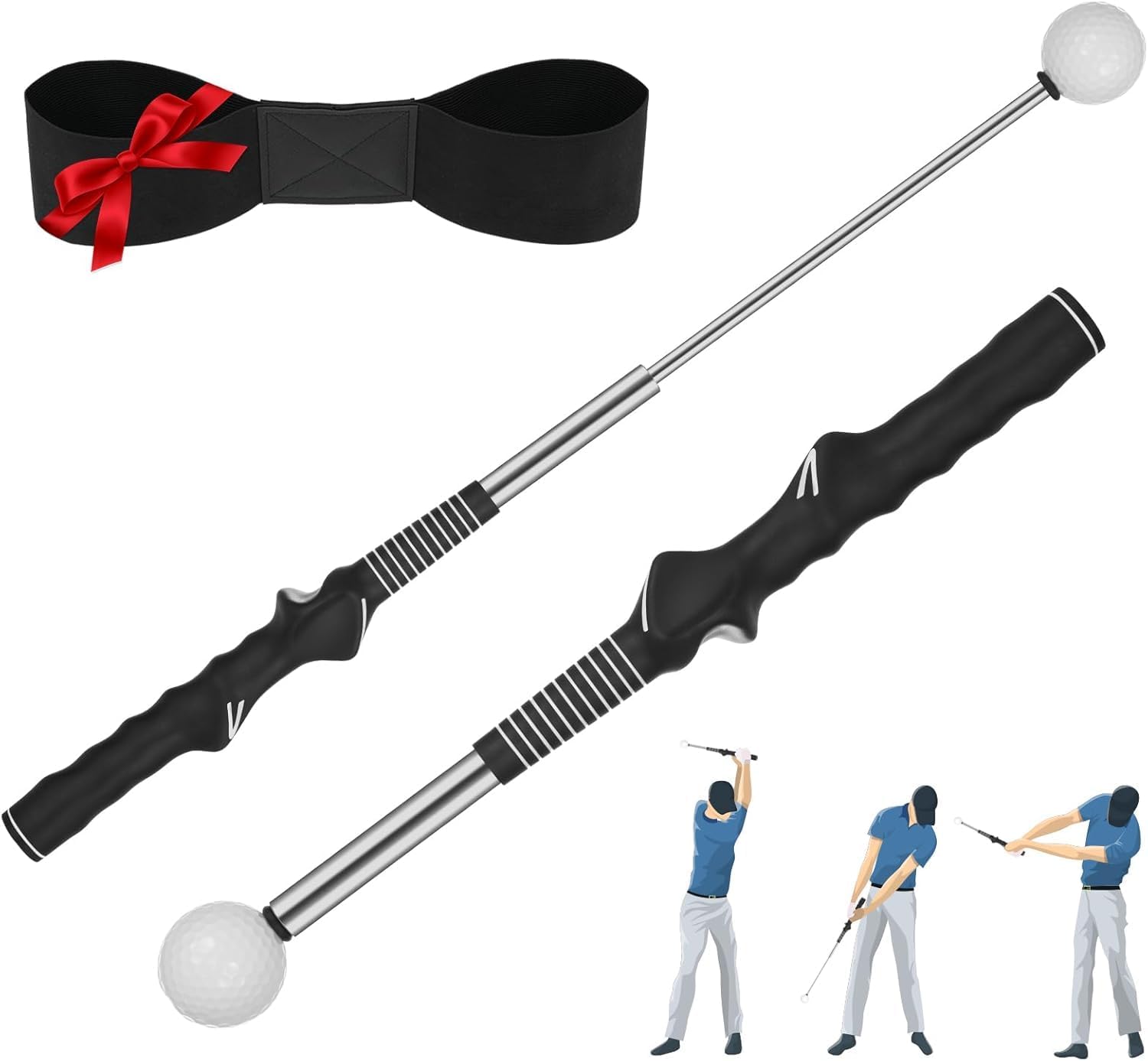 5-in-1 Retractable Golf Swing Trainer, Training Aid with Grip Trainer, Swing Mechanics for Beginners & Tempo Training for Advanced, Click Feedback, Arm Connection, Right/Left-Handed, Indoor/Outdoor