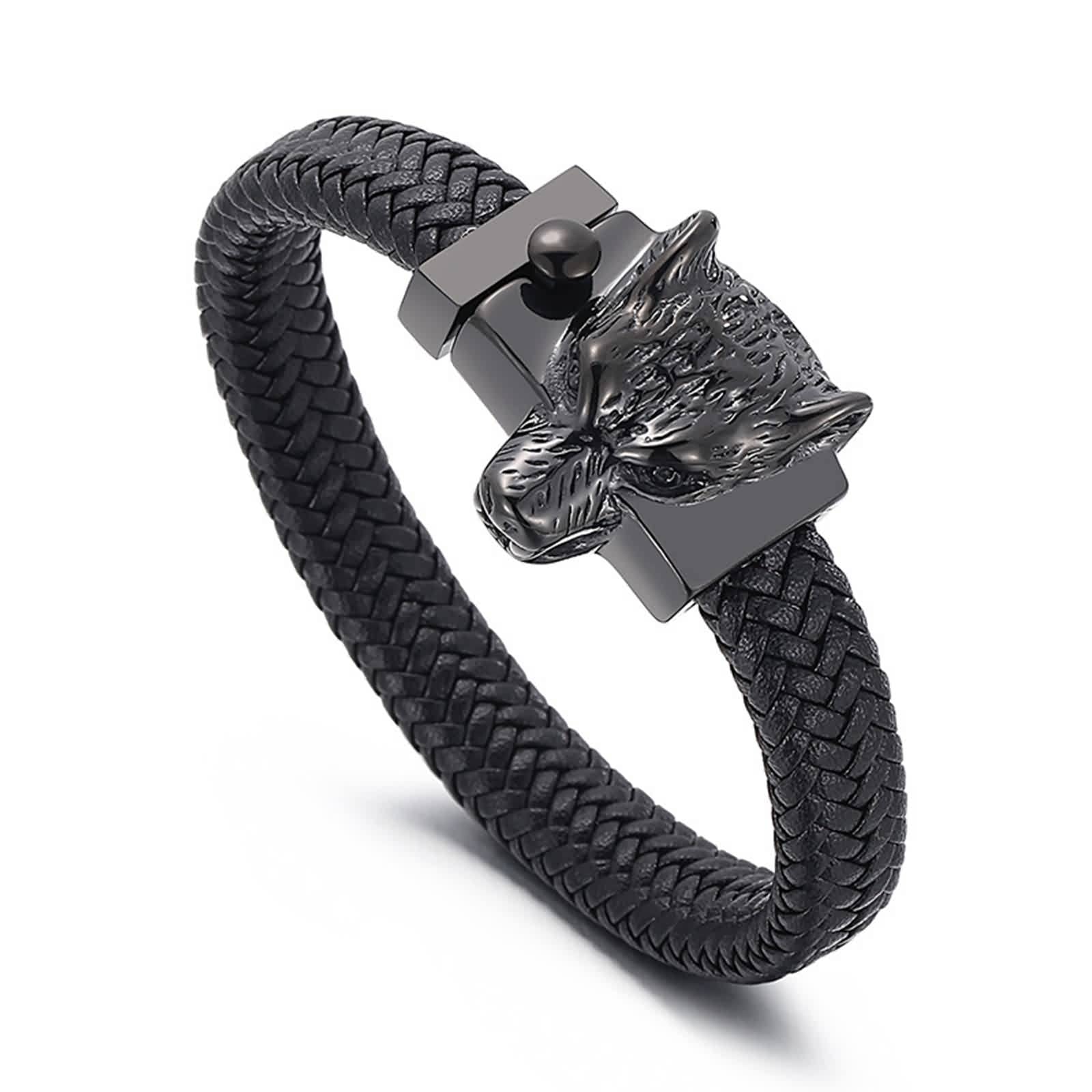 Bracelet Moderne, Bracelet Homme Loup Acier Inoxydable Cuir Tête de Loup de Mode Cool Bijoux Cadeau