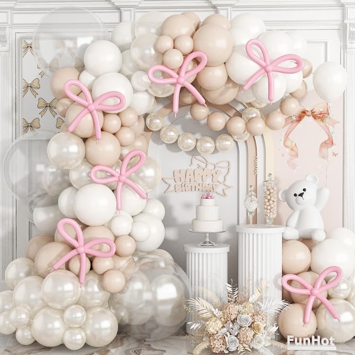Pearl White Sand Balloon Garland Arch Kit,120Pcs Pink Bow Balloons Sand White Balloons with 18/12/5 Inch Different Sizes for Bridal Wedding