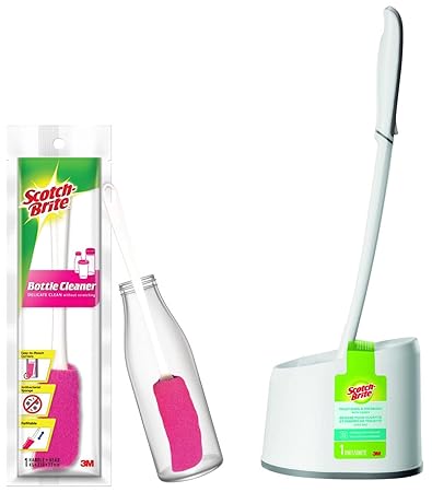 Scotch-Brite Plastic Bottle Cleaner Brush (Pink and White) & Premium Toilet Plastic Brush, Blue/White Combo