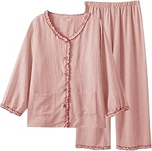 vctops Cotton Linen Ruffle Pajama Sets for Women 2 Piece Matching Pjs Lounge Set Long Sleeve Shirt Soft Sleepwear Fall Winter