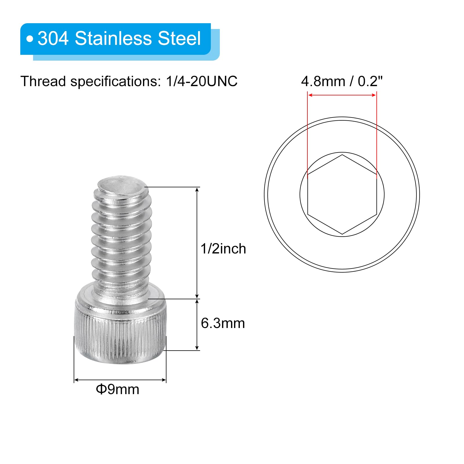 PATIKIL 1/4-20 x 1/2" Hex Socket Cap Head Screw Bolt, 30Pcs 304 Stainless Steel 18-8 - Image 2