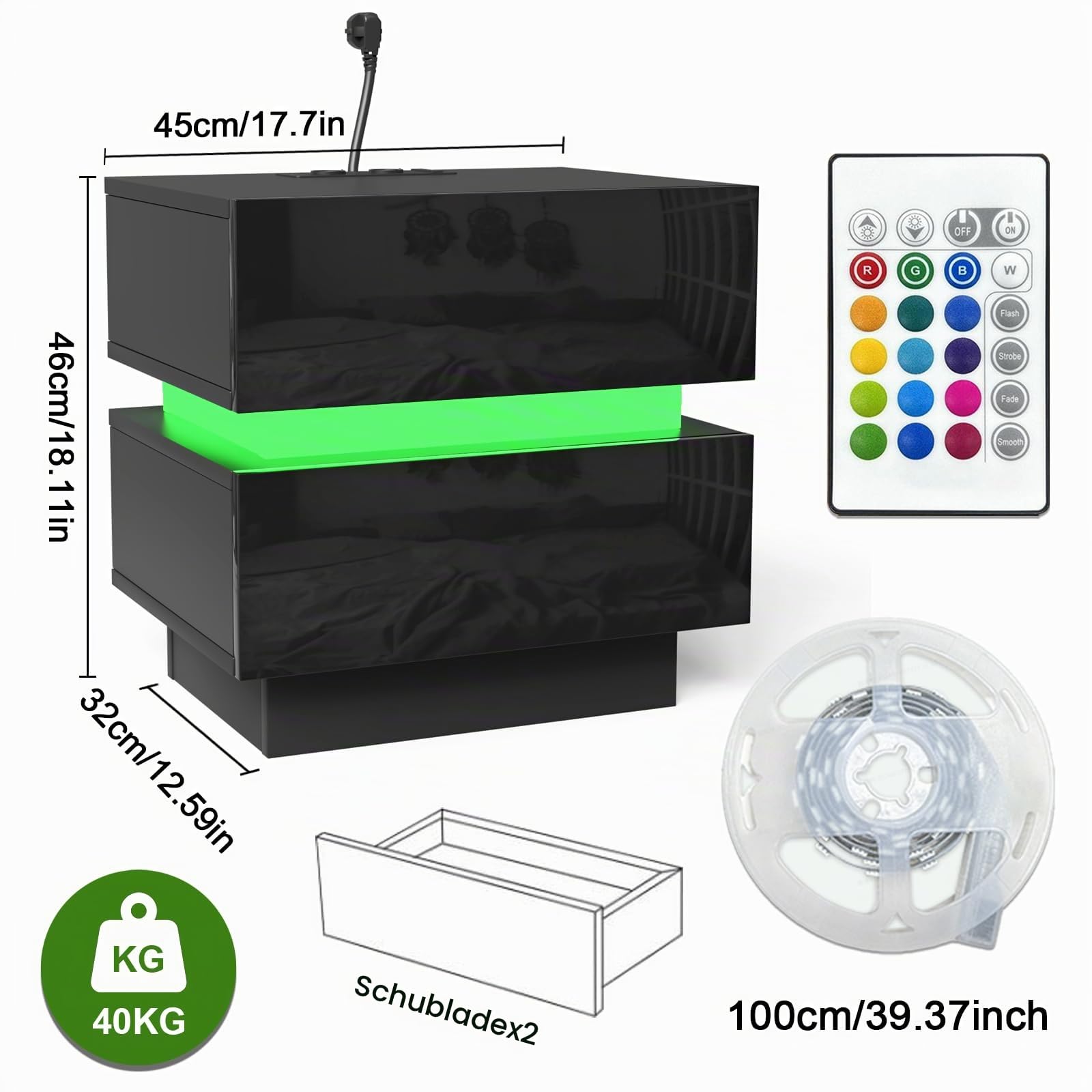 Nachttisch mit Steckdose, 2 AC Steckdosen, 2 USB-Anschlüsse, Nachtschrank 16 Farblicht, Beistelltisch mit Verstellbarer LED-Beleuchtung, 2 Schublade Hochglanz, Modern 45x35x46cm
