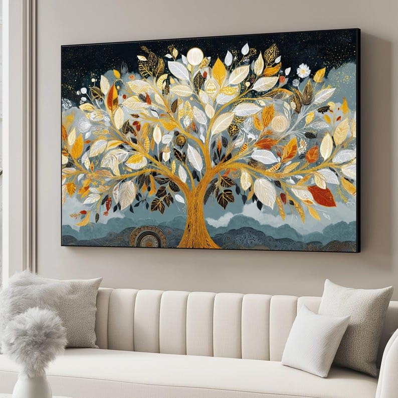 Arbre de Vie Doré toile 60x80cm art abstrait nature feuille automne sans cadre