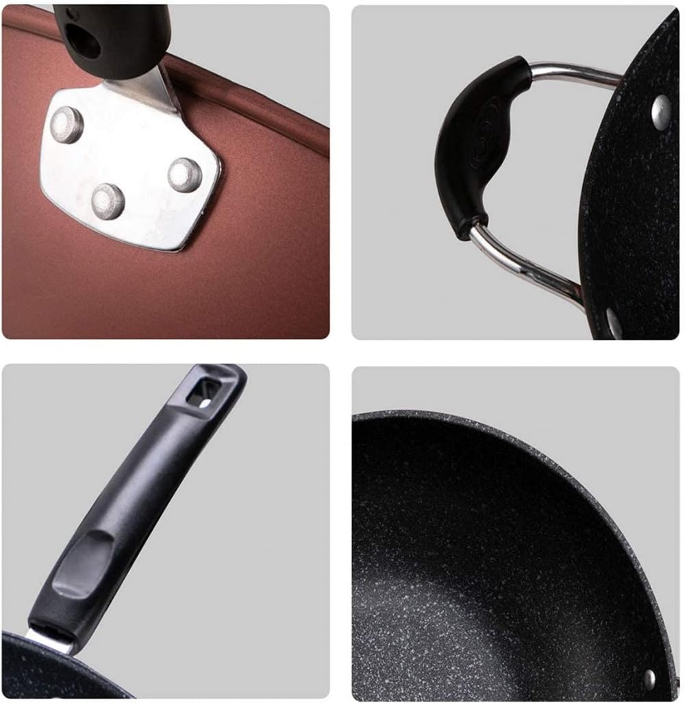 Padella Wok in ghisa, Wok e padelle per Saltare in Padella Padella Antiaderente a Fondo Piatto Padella Wok Antiaderente con Manico ergonomico e Fondo Piatto, Wok Antiaderente(34cm/13inch)
