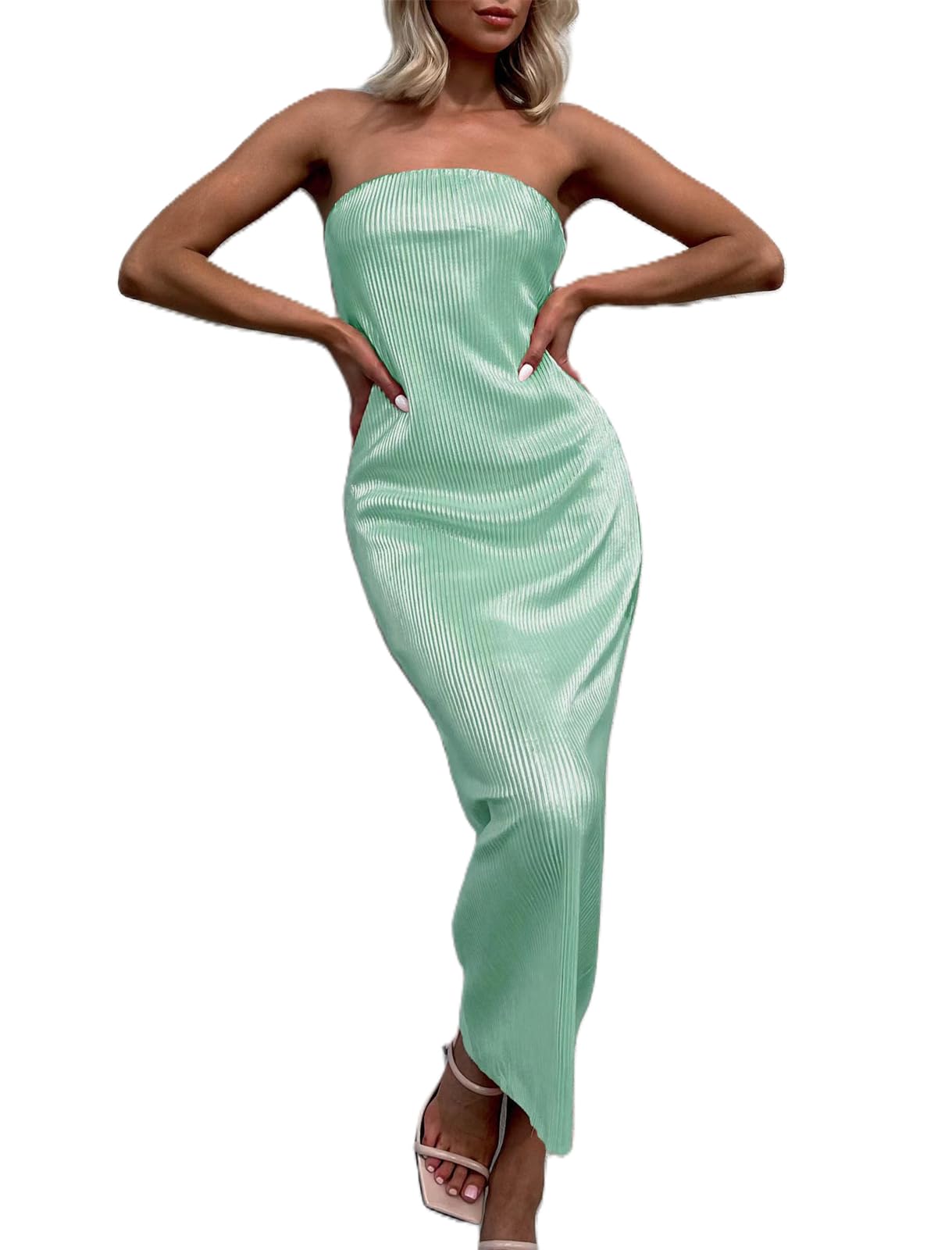 Zempertoopa Women Sexy Strapless Tube Dress Off Shoulder Pleated Maxi Dress Backless Bodycon Long Dress Club Beach Sundress