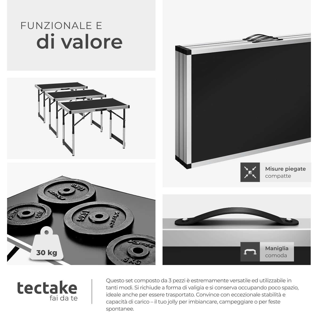 tectake® Tavolo da Lavoro Pieghevole in Alluminio, Multifunzionale, 300x60 cm, Tre Pezzi, Tavoli Pieghevoli da Lavoro, Regolabili, Tappezzeria, Feste, Campeggio, Stabili, Montaggio Rapido, Peso 11 kg