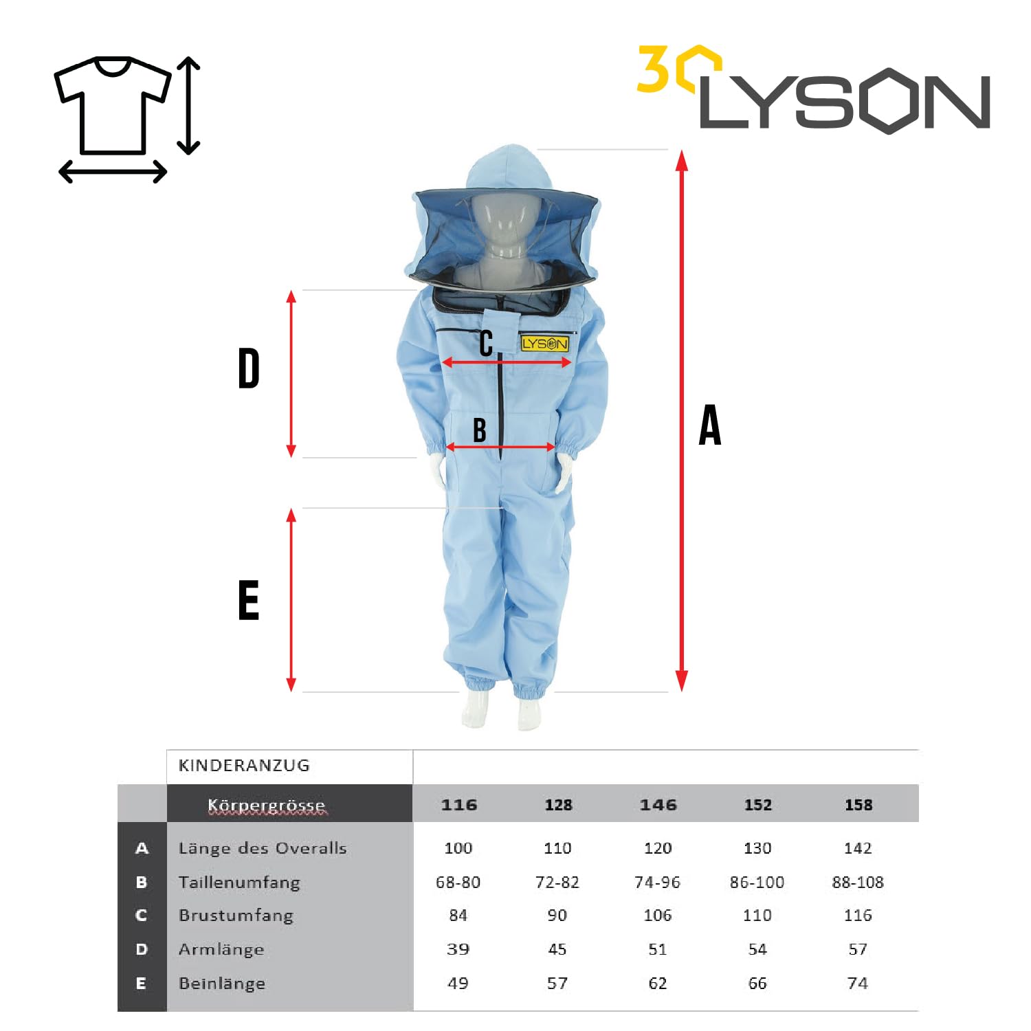 LYSON Kinderanzug mit abnehmbaren Hut Kinderoverall mit Schleier Kinderimkeranzug Schutzkleidung für Kinder, Imker Anzug Imkeranzug Schutz vor Bienen Blau Grösse 152
